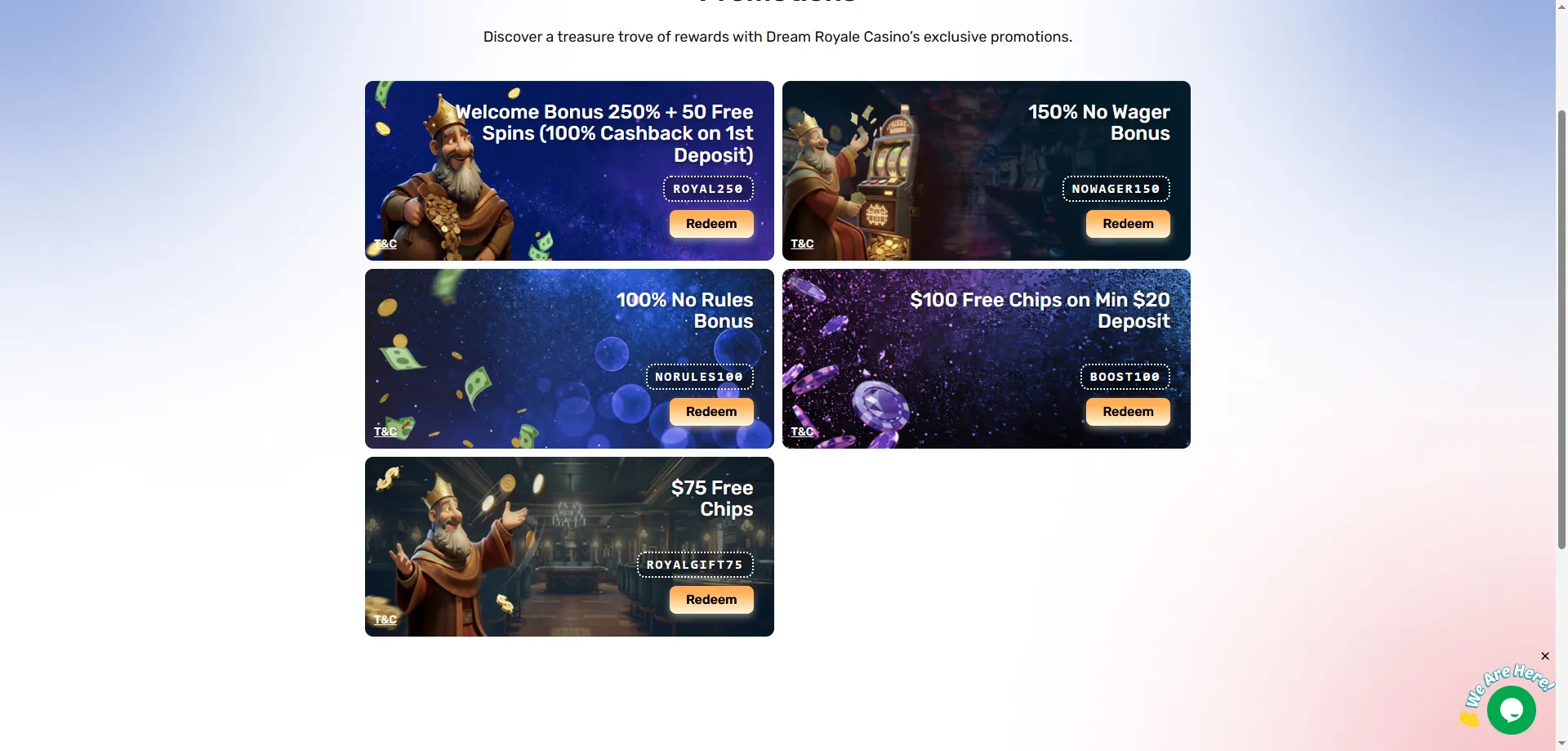 Dream Royale Casino welcome bonus offer — $125 free chip and 250% match